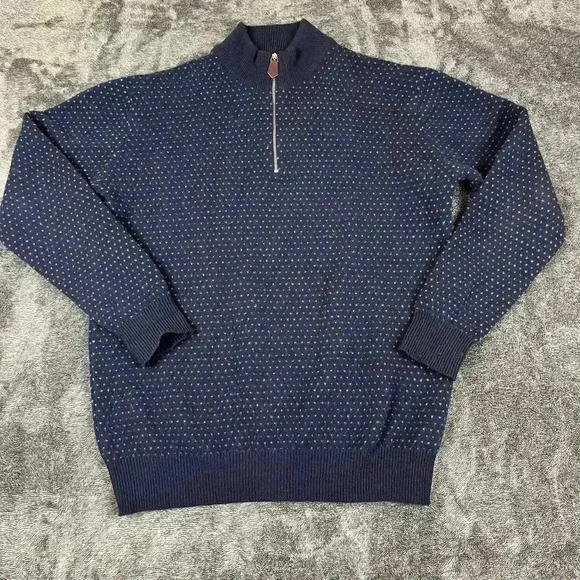 Vtg Scott & Charters 100% Lambswool 1/4 Zip Sweater Men's L Polka Dot Navy Blue - Picture 1 of 11